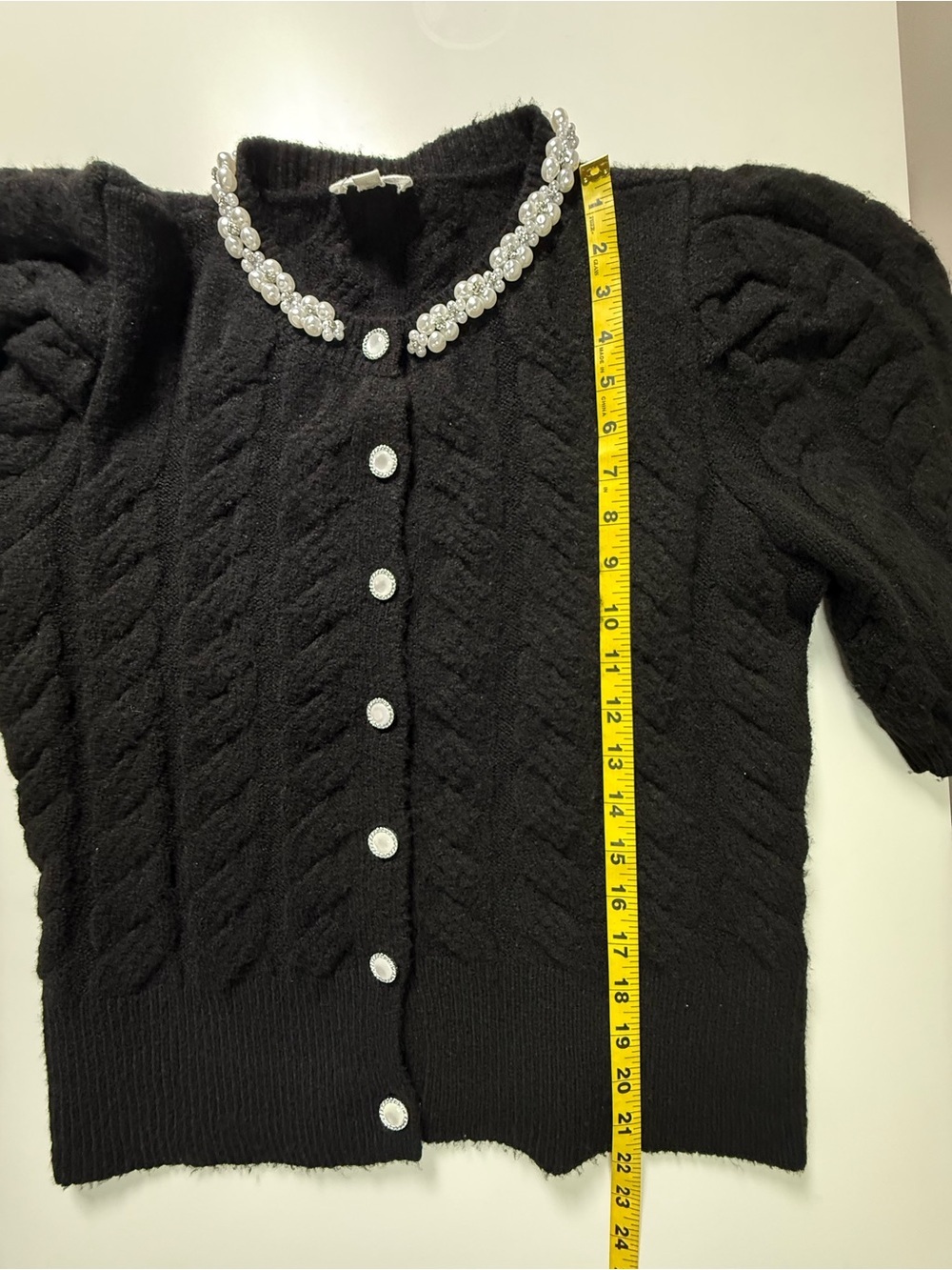 Sugarlips | Pearl Embellished Cable Puff Sleeve Knit Cardigan | Black | Size M - Picture 11 of 11